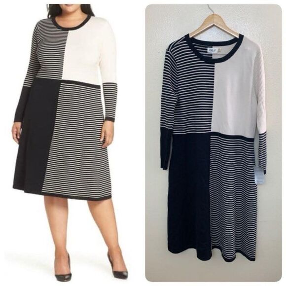 Eliza J Placed Stripe Midi Sweater Dress Plus Size 3X Ivory Black A Line - Picture 1 of 7